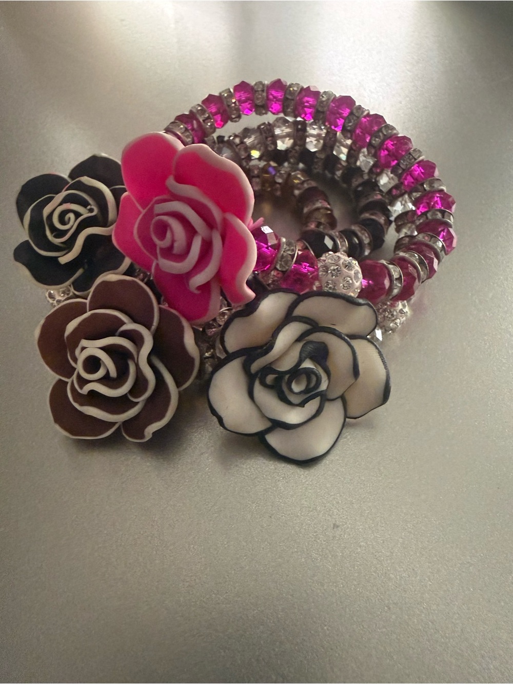 Floral Stretch Bracelet Set with Pink Rose Accent